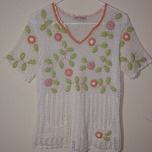 Ann Trinity Beaded Open-Wave Crocheted Embellished Cotton Top Size M White